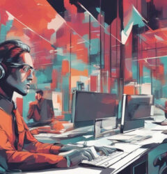 Ilustración digital de la fuera laboral tecnológica en una oficina moderna en estilo pop art