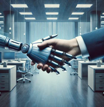 Imagen creada por Dall.e que ilustra a un robot y aun humano dandose la mano