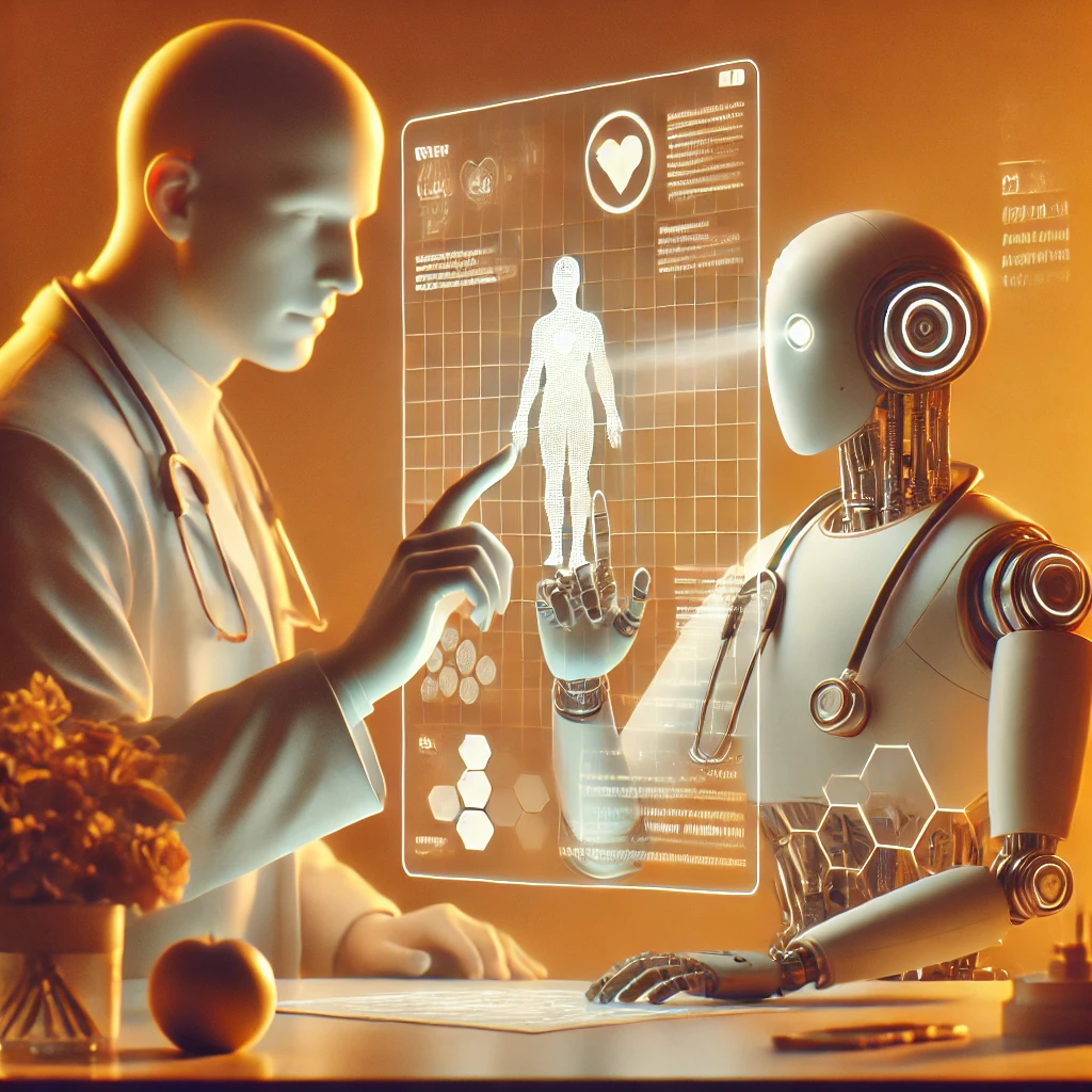 Imagen ilustrada por Dalle que muestra la colaboracion entre humanos y la inteligencia artificial