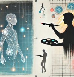 Una ilustración minimalista horizontal que representa la colaboración entre inteligencia artificial y creatividad humana. A la izquierda, una figura geométrica de un humanoide con acentos luminosos simboliza la tecnología, mientras que a la derecha, la silueta de un artista con un pincel representa la creatividad. En el centro, un lienzo compartido combina patrones abstractos de rejillas digitales con trazos orgánicos. El fondo presenta un degradado suave que fusiona una atmósfera tecnológica con una artística, destacando la armonía entre ambos mundos.