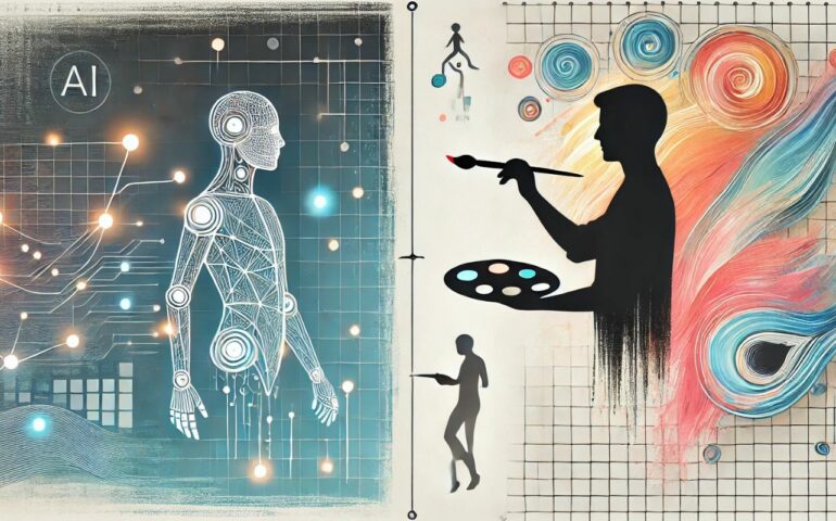 Una ilustración minimalista horizontal que representa la colaboración entre inteligencia artificial y creatividad humana. A la izquierda, una figura geométrica de un humanoide con acentos luminosos simboliza la tecnología, mientras que a la derecha, la silueta de un artista con un pincel representa la creatividad. En el centro, un lienzo compartido combina patrones abstractos de rejillas digitales con trazos orgánicos. El fondo presenta un degradado suave que fusiona una atmósfera tecnológica con una artística, destacando la armonía entre ambos mundos.