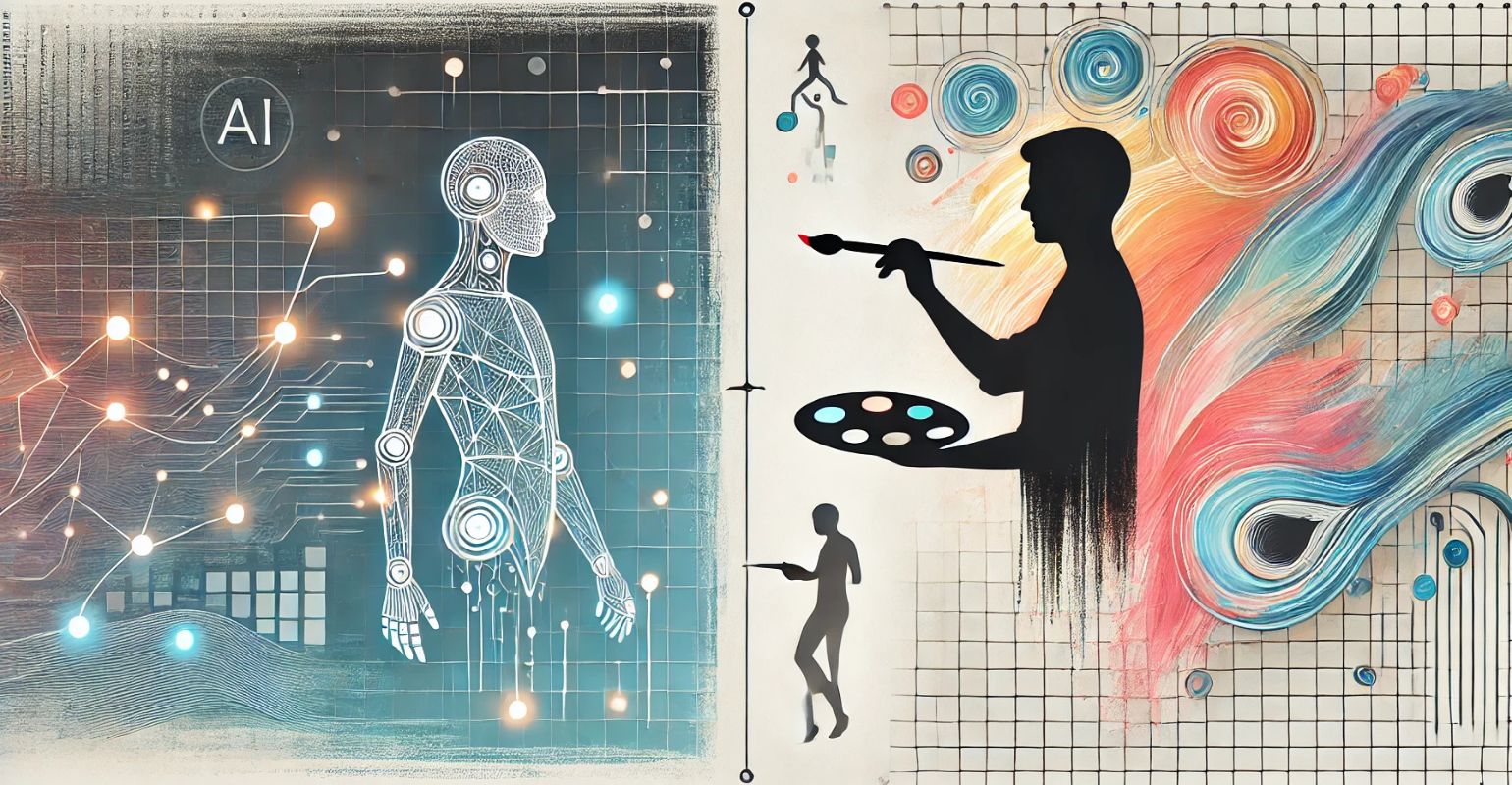 Una ilustración minimalista horizontal que representa la colaboración entre inteligencia artificial y creatividad humana. A la izquierda, una figura geométrica de un humanoide con acentos luminosos simboliza la tecnología, mientras que a la derecha, la silueta de un artista con un pincel representa la creatividad. En el centro, un lienzo compartido combina patrones abstractos de rejillas digitales con trazos orgánicos. El fondo presenta un degradado suave que fusiona una atmósfera tecnológica con una artística, destacando la armonía entre ambos mundos.