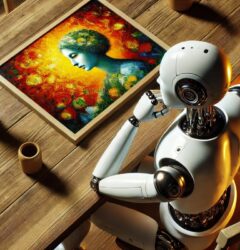 Vista cenital de un robot futurista y elegante que simula inteligencia artificial, sentado en una mesa de madera natural. El robot observa un cuadro abstracto y colorido, con la escena iluminada por tonos cálidos y suaves. El ambiente transmite una atmósfera serena y contemplativa, combinando tecnología y arte en una composición realista y detallada.