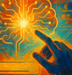 Ilustración digital futurista mostrando una mano humana alcanzando un cerebro artificial iluminado por circuitos, con un fondo abstracto en tonos cálidos y fríos. La imagen incluye una barra de texto estilo comando en la parte inferior, representando interacción con tecnología avanzada.