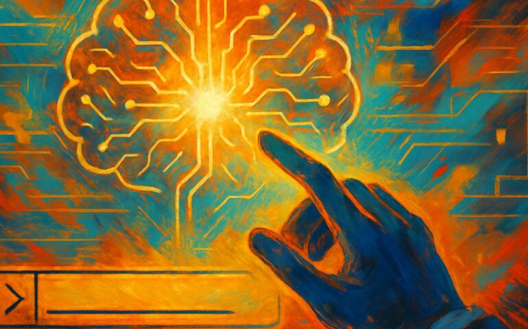Ilustración digital futurista mostrando una mano humana alcanzando un cerebro artificial iluminado por circuitos, con un fondo abstracto en tonos cálidos y fríos. La imagen incluye una barra de texto estilo comando en la parte inferior, representando interacción con tecnología avanzada.