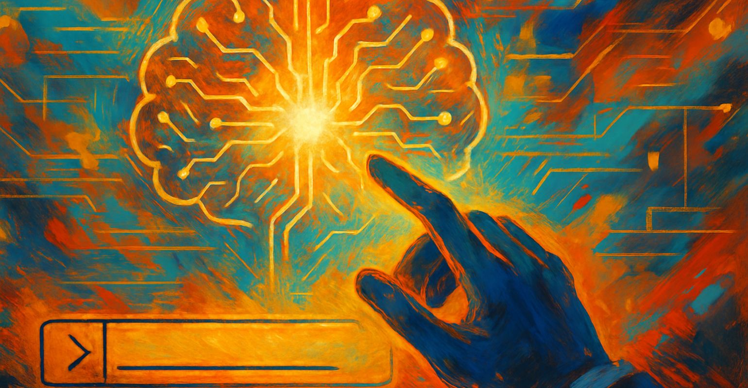 Ilustración digital futurista mostrando una mano humana alcanzando un cerebro artificial iluminado por circuitos, con un fondo abstracto en tonos cálidos y fríos. La imagen incluye una barra de texto estilo comando en la parte inferior, representando interacción con tecnología avanzada.