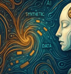 Ilustración digital abstracta que representa la transición entre datos reales y datos sintéticos en inteligencia artificial, con una figura humanoide con circuitos integrados en el rostro y una espiral de datos conectando un gráfico de barras dorado con el entorno tecnológico, todo en un estilo artístico orgánico y futurista.