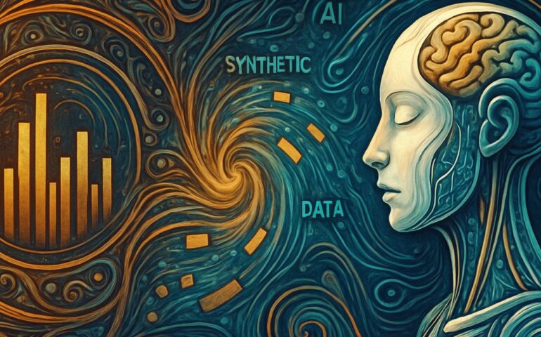 Ilustración digital abstracta que representa la transición entre datos reales y datos sintéticos en inteligencia artificial, con una figura humanoide con circuitos integrados en el rostro y una espiral de datos conectando un gráfico de barras dorado con el entorno tecnológico, todo en un estilo artístico orgánico y futurista.