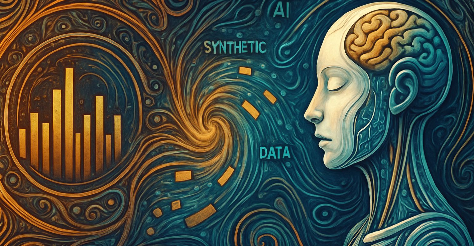 Ilustración digital abstracta que representa la transición entre datos reales y datos sintéticos en inteligencia artificial, con una figura humanoide con circuitos integrados en el rostro y una espiral de datos conectando un gráfico de barras dorado con el entorno tecnológico, todo en un estilo artístico orgánico y futurista.