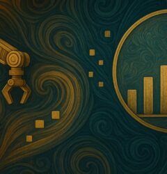Ilustración digital en estilo Art Nouveau que muestra un brazo robótico dorado en un entorno con patrones fluidos, transfiriendo datos hacia un gráfico de barras dentro de un círculo, simbolizando la conexión entre automatización industrial y análisis de datos.
