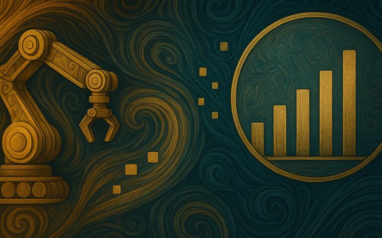 Ilustración digital en estilo Art Nouveau que muestra un brazo robótico dorado en un entorno con patrones fluidos, transfiriendo datos hacia un gráfico de barras dentro de un círculo, simbolizando la conexión entre automatización industrial y análisis de datos.