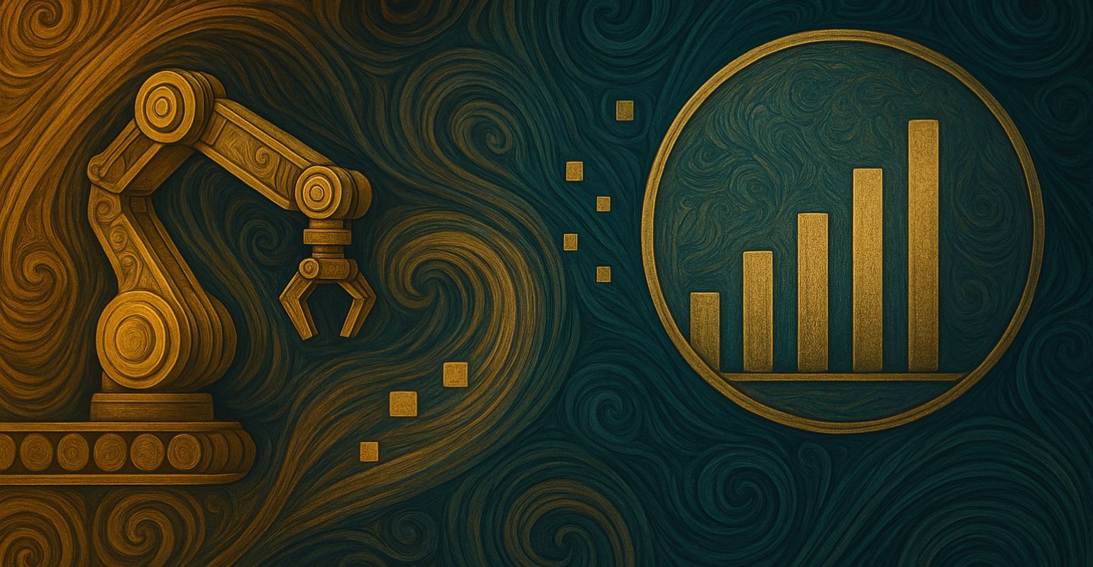 Ilustración digital en estilo Art Nouveau que muestra un brazo robótico dorado en un entorno con patrones fluidos, transfiriendo datos hacia un gráfico de barras dentro de un círculo, simbolizando la conexión entre automatización industrial y análisis de datos.
