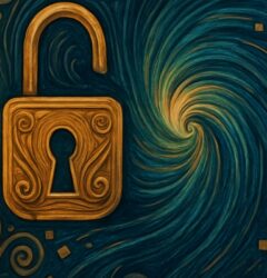Imagen en estilo Art Nouveau y surrealista que representa un entorno abstracto de seguridad y datos. A la izquierda se observan una llave y un candado dorados con detalles ornamentales. En el centro, un vórtice de líneas en tonos azulados conecta con un patrón digital geométrico compuesto por cuadrados y líneas interconectadas, evocando un sistema de red o flujo de información.