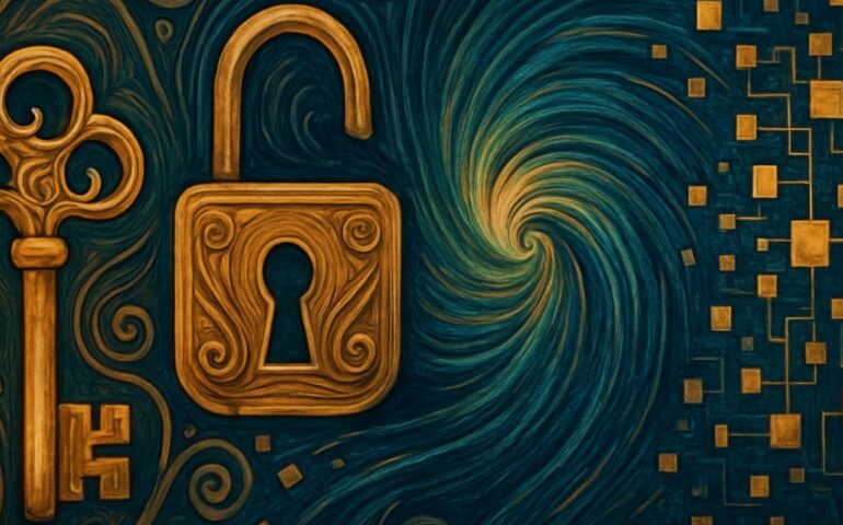 Imagen en estilo Art Nouveau y surrealista que representa un entorno abstracto de seguridad y datos. A la izquierda se observan una llave y un candado dorados con detalles ornamentales. En el centro, un vórtice de líneas en tonos azulados conecta con un patrón digital geométrico compuesto por cuadrados y líneas interconectadas, evocando un sistema de red o flujo de información.