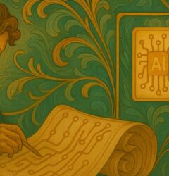 Ilustración en estilo Art Nouveau que muestra a un hombre joven, vestido con traje azul verdoso, dibujando un esquema de circuitos sobre un pergamino. Al fondo, decoraciones orgánicas en tonos verde y oro rodean una placa con un chip dorado, simbolizando inteligencia artificial. La imagen transmite el vínculo entre creatividad humana y tecnología.