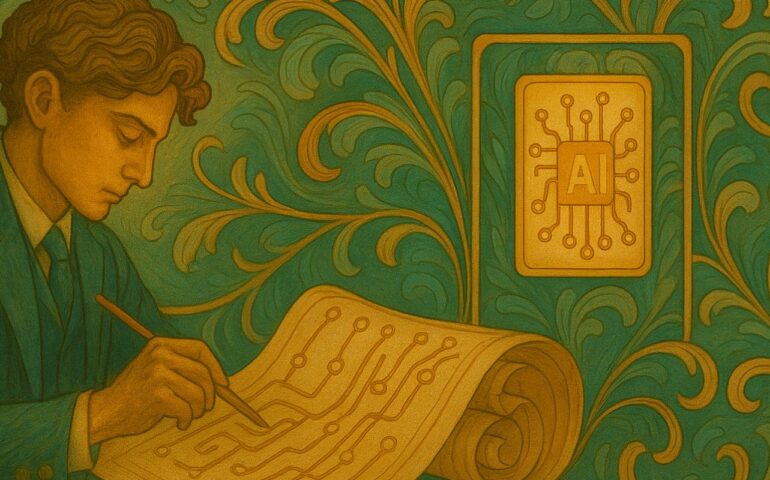 Ilustración en estilo Art Nouveau que muestra a un hombre joven, vestido con traje azul verdoso, dibujando un esquema de circuitos sobre un pergamino. Al fondo, decoraciones orgánicas en tonos verde y oro rodean una placa con un chip dorado, simbolizando inteligencia artificial. La imagen transmite el vínculo entre creatividad humana y tecnología.