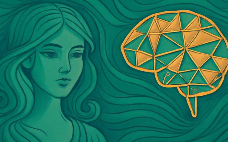 Una ilustración digital en estilo Art Nouveau que presenta una figura femenina estilizada a la izquierda, con un diseño geométrico y de color dorado-naranja que representa un cerebro a la derecha. Líneas ondulantes en tonos verdes conectan ambos elementos, creando una composición armónica que equilibra los tonos cálidos y fríos.