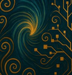 Ilustración abstracta en estilo Art Nouveau que representa la transición desde la materia prima hasta el modelo predictivo. A la izquierda, una forma estilizada de una vaina de soja dorada se abre entre espirales orgánicas sobre un fondo azul oscuro. En el centro, un vórtice dorado simboliza la transformación del proceso. A la derecha, una red de formas geométricas cuadradas conectadas por líneas doradas sugiere un sistema de predicción o modelo de datos. La imagen ilustra visualmente el flujo desde el origen vegetal hasta la estructura analítica en un entorno industrial.