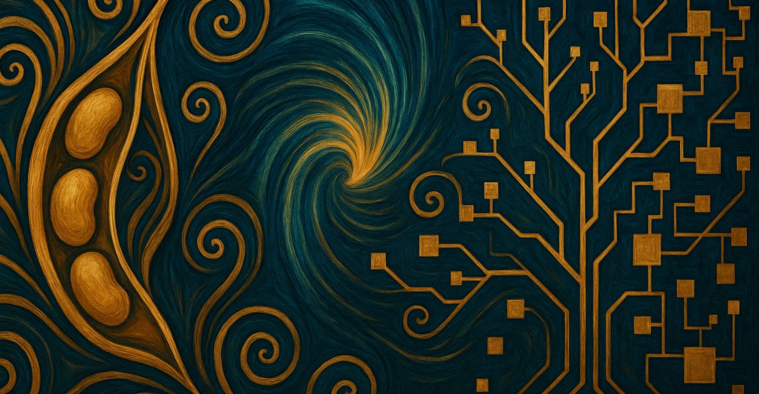 Ilustración abstracta en estilo Art Nouveau que representa la transición desde la materia prima hasta el modelo predictivo. A la izquierda, una forma estilizada de una vaina de soja dorada se abre entre espirales orgánicas sobre un fondo azul oscuro. En el centro, un vórtice dorado simboliza la transformación del proceso. A la derecha, una red de formas geométricas cuadradas conectadas por líneas doradas sugiere un sistema de predicción o modelo de datos. La imagen ilustra visualmente el flujo desde el origen vegetal hasta la estructura analítica en un entorno industrial.