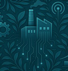 Ilustración estilo Art Nouveau, formato rectangular, en tonos azules. Motivos orgánicos y curvas ornamentales rodean una planta industrial estilizada representada como un modelo digital. Elementos visuales incluyen engranajes, flujos de datos luminosos, sensores conectados y hojas estilizadas que simbolizan la sostenibilidad en la industria alimentaria. La composición transmite innovación, control y eficiencia a través de gemelos digitales e IoT, con un equilibrio entre lo tecnológico y lo natural.