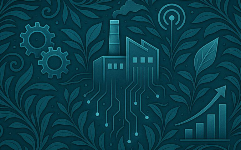 Ilustración estilo Art Nouveau, formato rectangular, en tonos azules. Motivos orgánicos y curvas ornamentales rodean una planta industrial estilizada representada como un modelo digital. Elementos visuales incluyen engranajes, flujos de datos luminosos, sensores conectados y hojas estilizadas que simbolizan la sostenibilidad en la industria alimentaria. La composición transmite innovación, control y eficiencia a través de gemelos digitales e IoT, con un equilibrio entre lo tecnológico y lo natural.