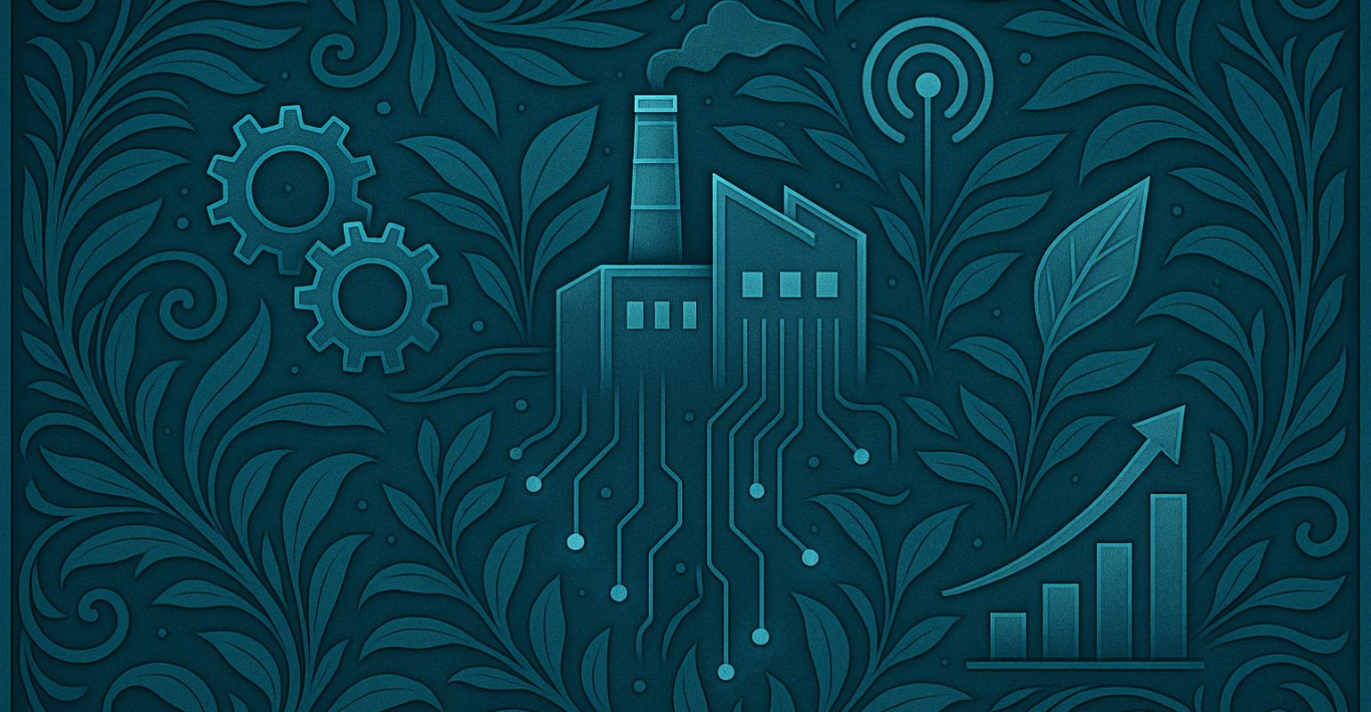 Ilustración estilo Art Nouveau, formato rectangular, en tonos azules. Motivos orgánicos y curvas ornamentales rodean una planta industrial estilizada representada como un modelo digital. Elementos visuales incluyen engranajes, flujos de datos luminosos, sensores conectados y hojas estilizadas que simbolizan la sostenibilidad en la industria alimentaria. La composición transmite innovación, control y eficiencia a través de gemelos digitales e IoT, con un equilibrio entre lo tecnológico y lo natural.