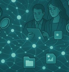 a team of professionals analyzing and evaluating a digital search system represented as a large, interconnected network of data nodes or folders. Each node glows softly, symbolizing relevance, security, and organization. Some team members use magnifying glasses or digital tablets to inspect the connections, representing the five evaluation criteria (relevance, security, integrations, semantic understanding, scalability). The scene should convey clarity, intelligence, and collaboration, in a modern tech environment.