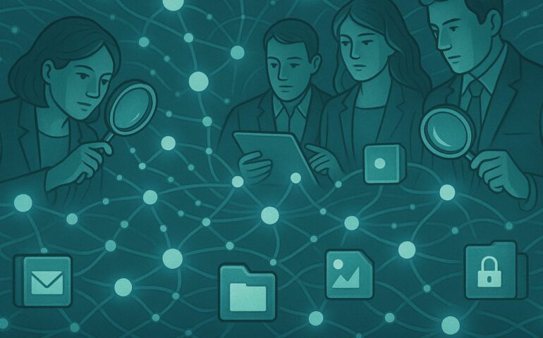 a team of professionals analyzing and evaluating a digital search system represented as a large, interconnected network of data nodes or folders. Each node glows softly, symbolizing relevance, security, and organization. Some team members use magnifying glasses or digital tablets to inspect the connections, representing the five evaluation criteria (relevance, security, integrations, semantic understanding, scalability). The scene should convey clarity, intelligence, and collaboration, in a modern tech environment.