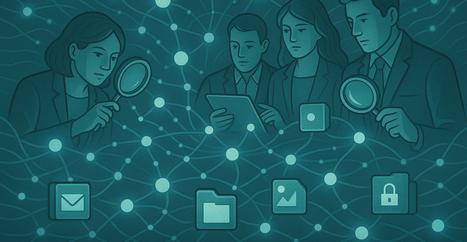 a team of professionals analyzing and evaluating a digital search system represented as a large, interconnected network of data nodes or folders. Each node glows softly, symbolizing relevance, security, and organization. Some team members use magnifying glasses or digital tablets to inspect the connections, representing the five evaluation criteria (relevance, security, integrations, semantic understanding, scalability). The scene should convey clarity, intelligence, and collaboration, in a modern tech environment.
