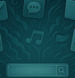 Ilustración digital estilo Art Nouveau en tonos teal, con un fondo ornamental de curvas y motivos orgánicos. En el centro inferior destaca una barra de búsqueda iluminada, rodeada de iconos que representan distintas aplicaciones: un sobre de correo, un chat, una carpeta, un documento tipo hoja de cálculo, un archivo de video y una nota musical, simbolizando un entorno empresarial digital unificado.