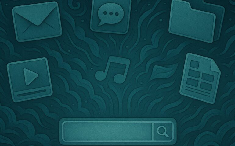 Ilustración digital estilo Art Nouveau en tonos teal, con un fondo ornamental de curvas y motivos orgánicos. En el centro inferior destaca una barra de búsqueda iluminada, rodeada de iconos que representan distintas aplicaciones: un sobre de correo, un chat, una carpeta, un documento tipo hoja de cálculo, un archivo de video y una nota musical, simbolizando un entorno empresarial digital unificado.
