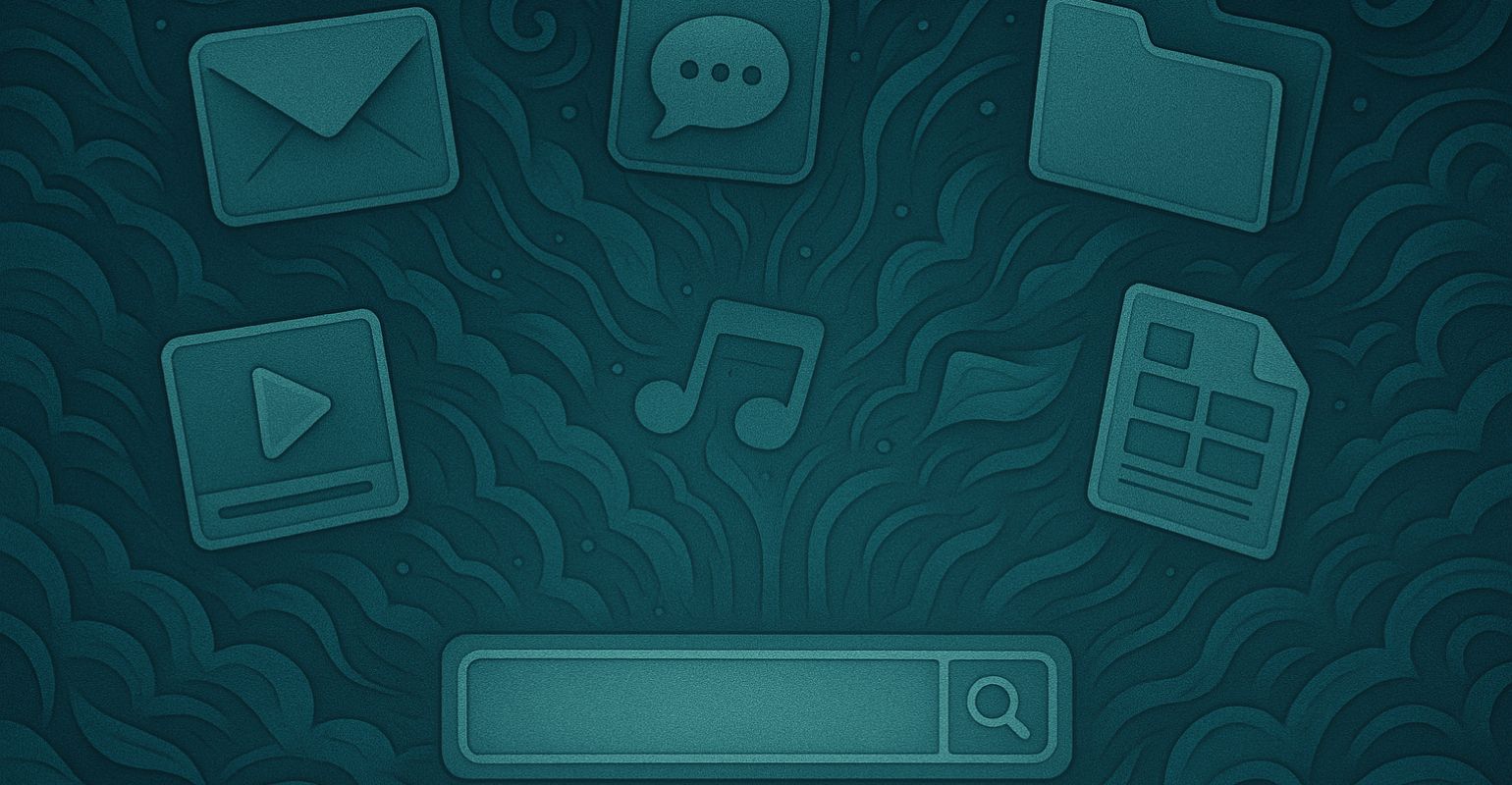 Ilustración digital estilo Art Nouveau en tonos teal, con un fondo ornamental de curvas y motivos orgánicos. En el centro inferior destaca una barra de búsqueda iluminada, rodeada de iconos que representan distintas aplicaciones: un sobre de correo, un chat, una carpeta, un documento tipo hoja de cálculo, un archivo de video y una nota musical, simbolizando un entorno empresarial digital unificado.