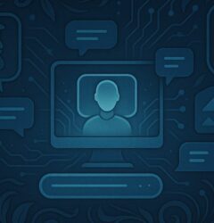 a modern, conceptual digital illustration representing Character AI — a web platform where users can create and chat with artificial intelligence characters. Show a person sitting in front of a computer screen surrounded by floating holographic avatars and digital chat bubbles, symbolizing conversations with AI personalities (famous figures, fantasy characters, assistants, etc.). The scene should feel futuristic but friendly, with a clean interface aesthetic, soft lighting, and vibrant tones of blue, violet, and teal. Include abstract AI motifs like neural networks or data streams subtly in the background. The composition should convey creativity, technology, and human–AI interaction, in a rectangular format suitable for a blog header.