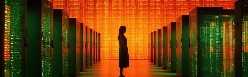 Mujer observando pasillos de servidores iluminados en tonos verdes y naranjas dentro de un centro de datos futurista.