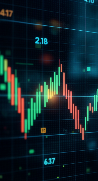 Gráfico financiero con velas japonesas en pantalla digital, mostrando fluctuaciones de precios y datos numéricos en tiempo real.