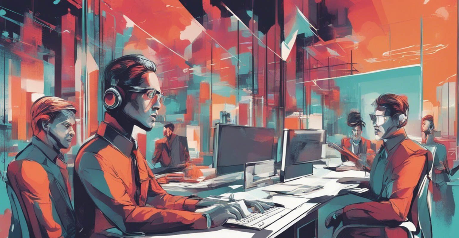 Ilustraci&oacute;n digital de la fuera laboral tecnol&oacute;gica en una oficina moderna en estilo pop art