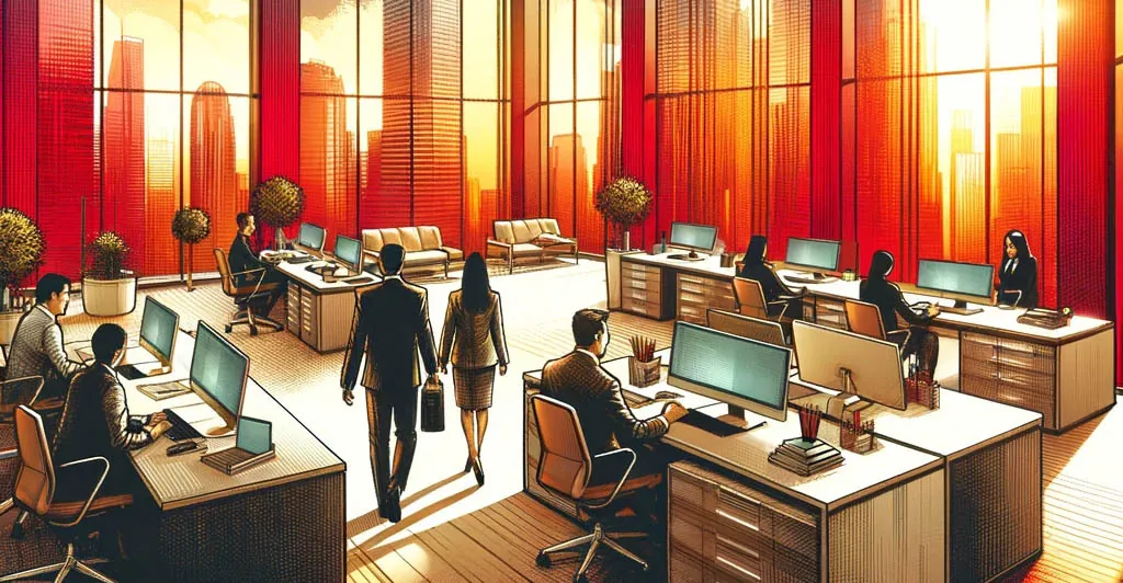 Dalle 2023 11 21 10 13 36 create an interior of a modern public office space using warm colors such as reds oranges and yellows inspired by the reference image the office s