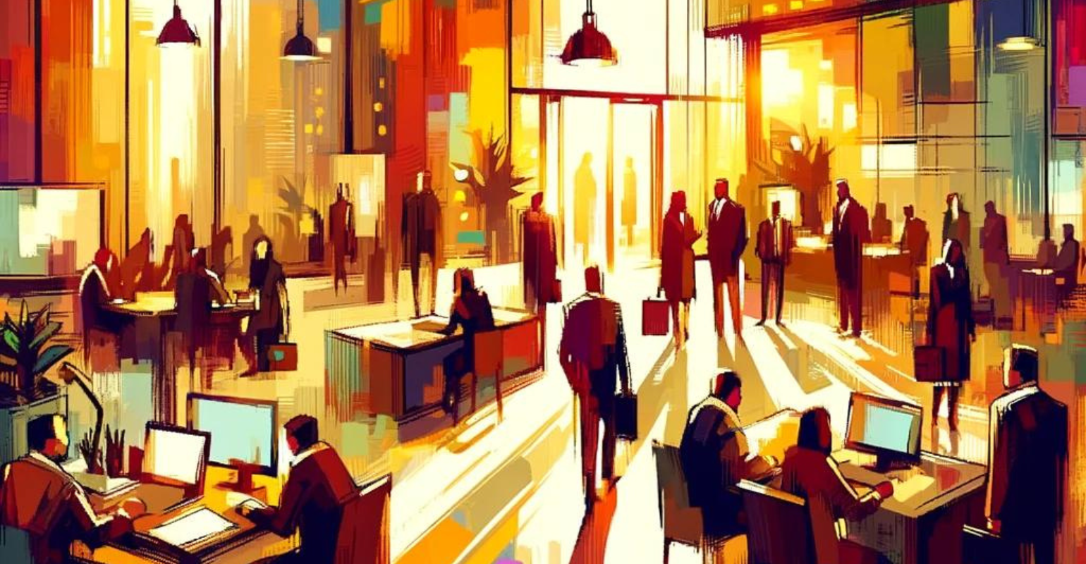 Ilustraci&oacute;n creada por Dall.e, representa una oficina moderna