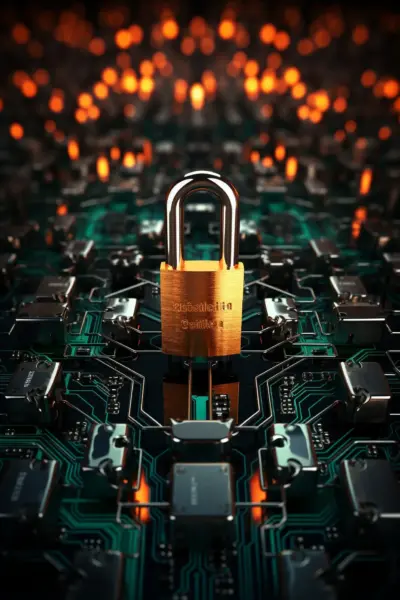 Ia transformando la atención al cliente: un vistazo a las Últimas innovaciones 3 Ilustracion creada por ia que muestra un candado metalico sobre una placa madre, transmitiendo el concepto de ciberseguridad