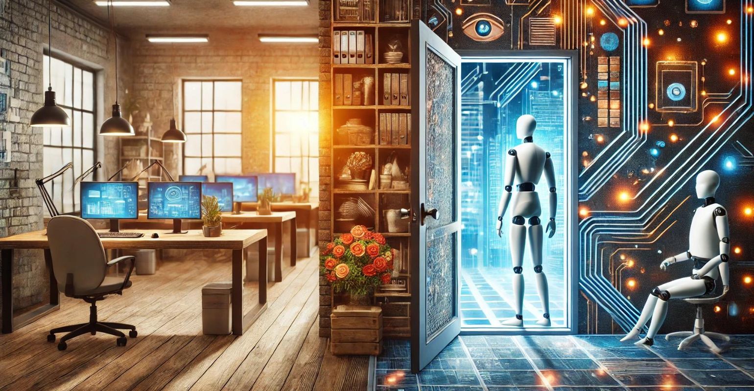 Imagen creada por Dall.e para ilustrar el concepto de un espacio de trabajo potenciado cada vez m&aacute;s por la IA