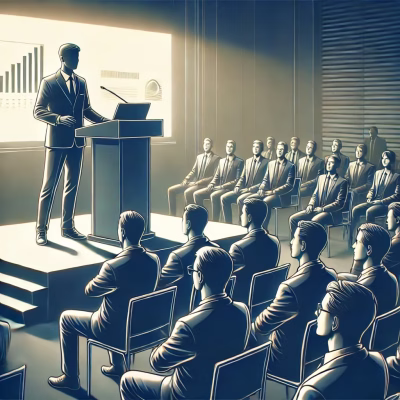 Big data, bigger opportunities: empleos a prueba de robots en la era digital 6 Ilustración creada por dall. E que presenta a un lider dando una ponencia ante una audiencia