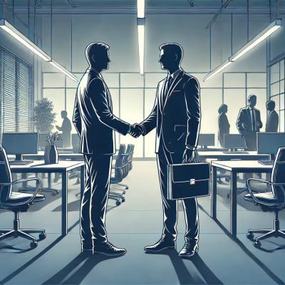 Big data, bigger opportunities: empleos a prueba de robots en la era digital 4 Ilustración creada por dall. E que presenta a dos personas estrechando las manos en un ámbito corporativo