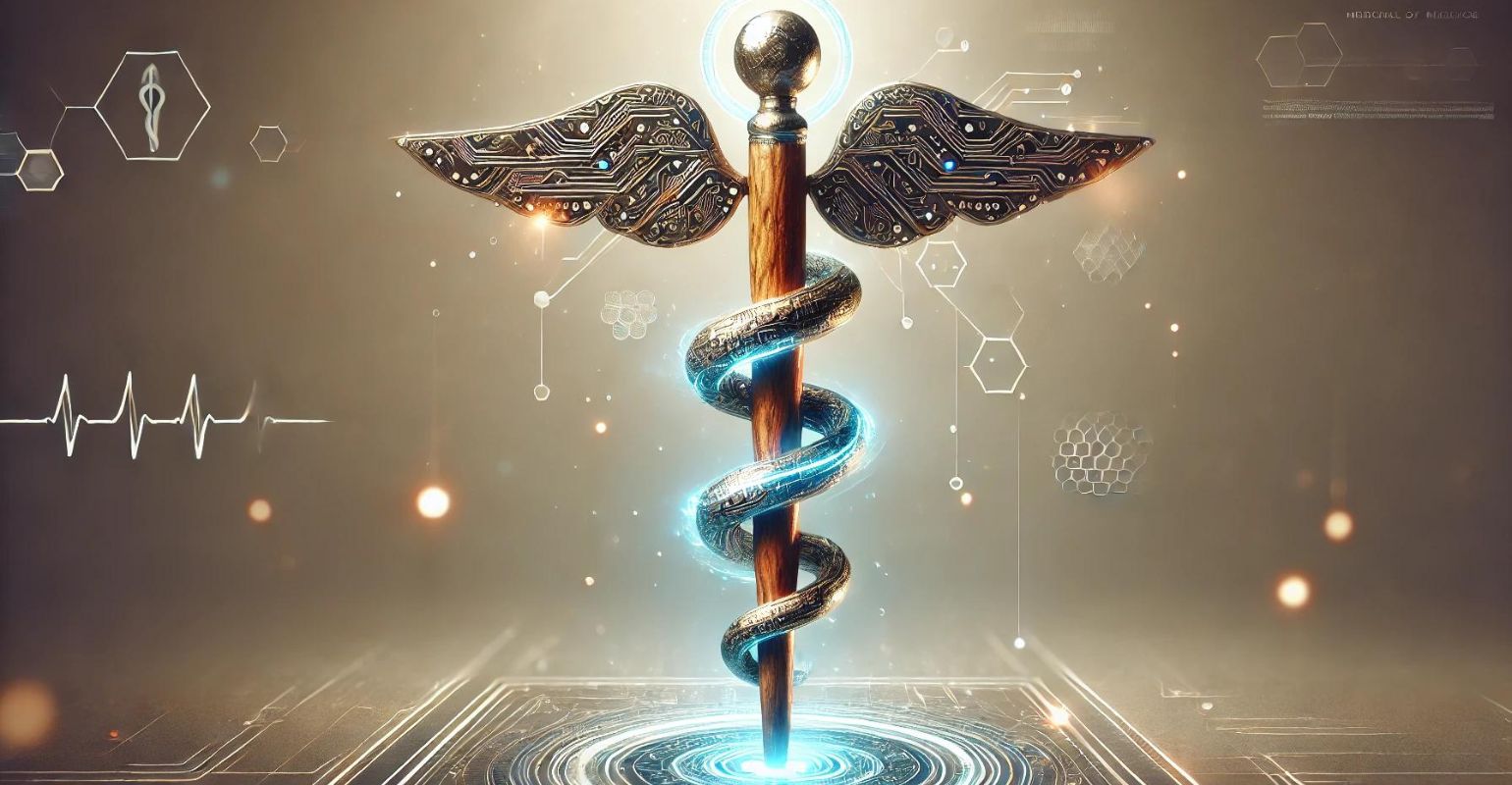 Imagen ilustrada por Dall.e que representa al baston de esculapio con detalles que evocan tecnolog&iacute;a