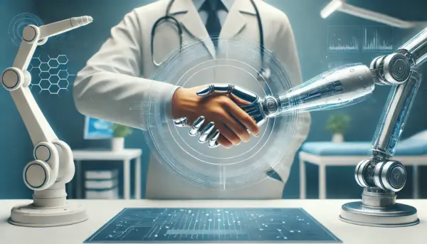 La revolución de la inteligencia artificial generativa en el sector sanitario 5 Un doctor humano y un brazo robótico dandose la mano, ilustración realista y tonos frios , relación de aspecto de pantalla panorámica