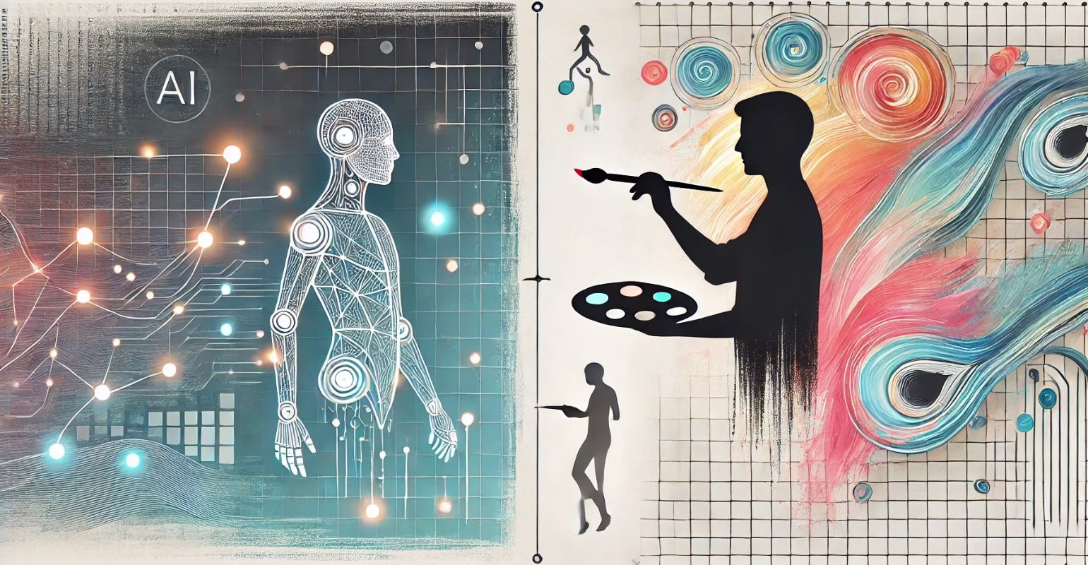 Entrada Real decreto Una ilustración minimalista horizontal que representa la colaboración entre inteligencia artificial y creatividad humana. A la izquierda, una figura geométrica de un humanoide con acentos luminosos simboliza la tecnología, mientras que a la derecha, la silueta de un artista con un pincel representa la creatividad. En el centro, un lienzo compartido combina patrones abstractos de rejillas digitales con trazos orgánicos. El fondo presenta un degradado suave que fusiona una atmósfera tecnológica con una artística, destacando la armonía entre ambos mundos.