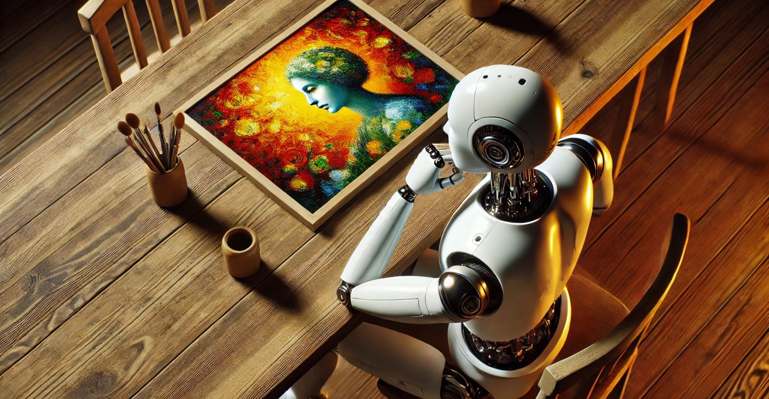 Vista cenital de un robot futurista y elegante que simula inteligencia artificial, sentado en una mesa de madera natural. El robot observa un cuadro abstracto y colorido, con la escena iluminada por tonos c&aacute;lidos y suaves. El ambiente transmite una atm&oacute;sfera serena y contemplativa, combinando tecnolog&iacute;a y arte en una composici&oacute;n realista y detallada.