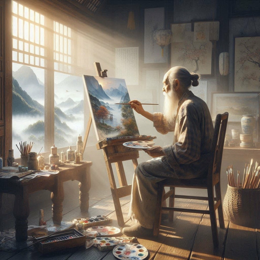 Una acuarela que muestra a una persona mayor asi&aacute;tica concentrada mientras pinta otra acuarela, con un paisaje natural de monta&ntilde;as y &aacute;rboles como fondo.