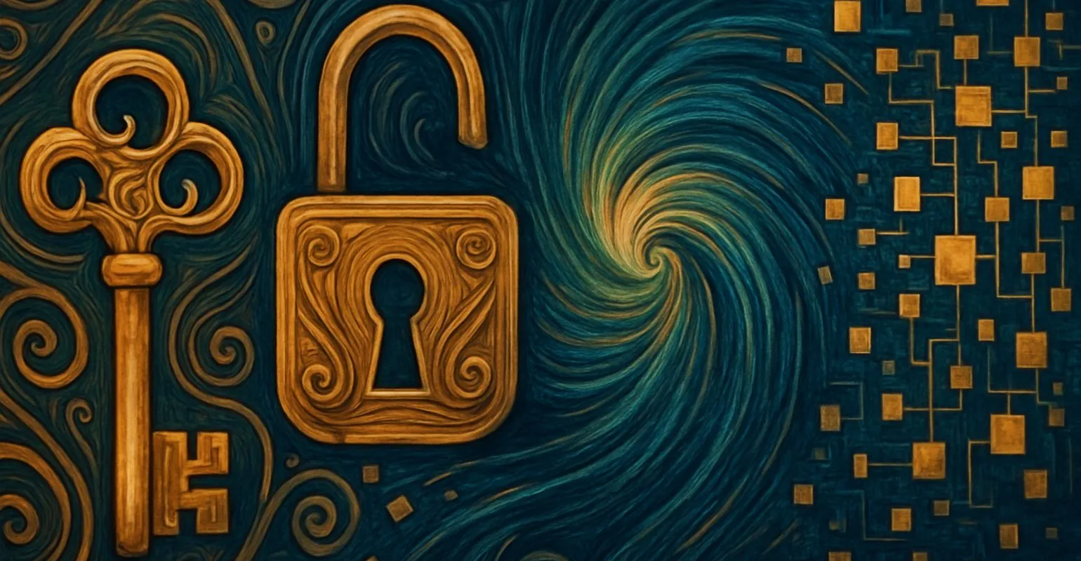 Imagen en estilo Art Nouveau y surrealista que representa un entorno abstracto de seguridad y datos. A la izquierda se observan una llave y un candado dorados con detalles ornamentales. En el centro, un v&oacute;rtice de l&iacute;neas en tonos azulados conecta con un patr&oacute;n digital geom&eacute;trico compuesto por cuadrados y l&iacute;neas interconectadas, evocando un sistema de red o flujo de informaci&oacute;n.