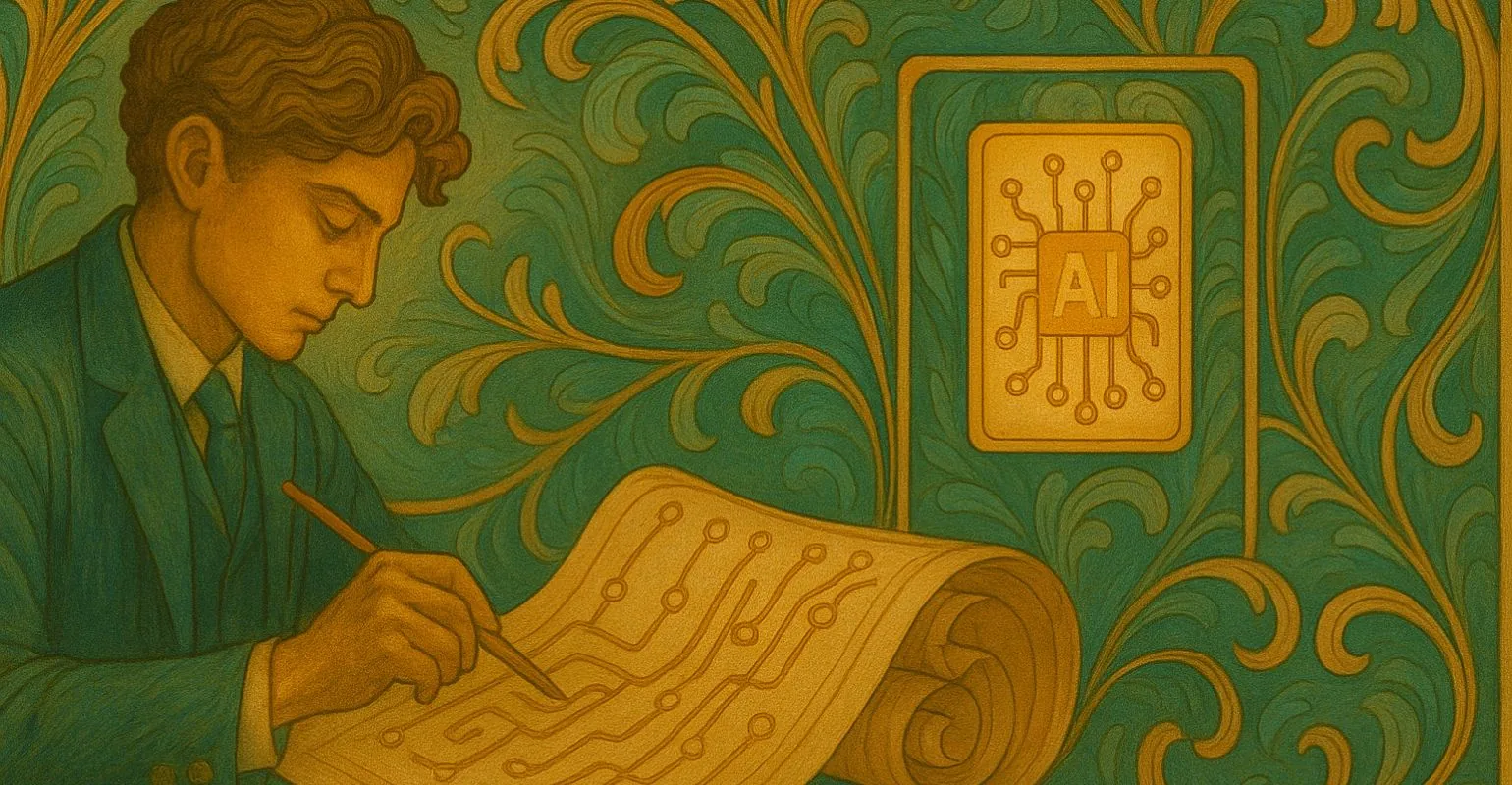 Ilustraci&oacute;n en estilo Art Nouveau que muestra a un hombre joven, vestido con traje azul verdoso, dibujando un esquema de circuitos sobre un pergamino. Al fondo, decoraciones org&aacute;nicas en tonos verde y oro rodean una placa con un chip dorado, simbolizando inteligencia artificial. La imagen transmite el v&iacute;nculo entre creatividad humana y tecnolog&iacute;a.