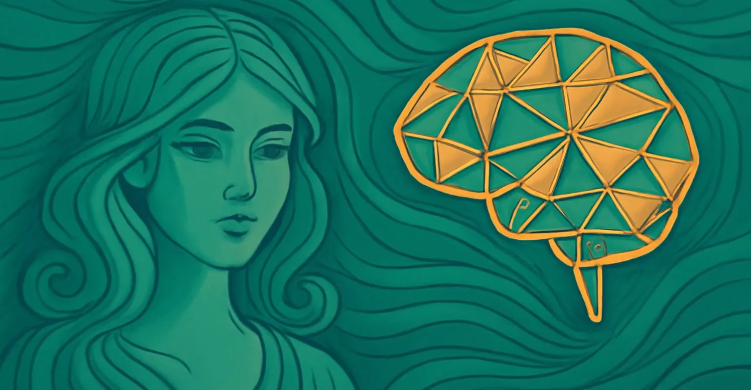 Una ilustraci&oacute;n digital en estilo Art Nouveau que presenta una figura femenina estilizada a la izquierda, con un dise&ntilde;o geom&eacute;trico y de color dorado-naranja que representa un cerebro a la derecha. L&iacute;neas ondulantes en tonos verdes conectan ambos elementos, creando una composici&oacute;n arm&oacute;nica que equilibra los tonos c&aacute;lidos y fr&iacute;os.